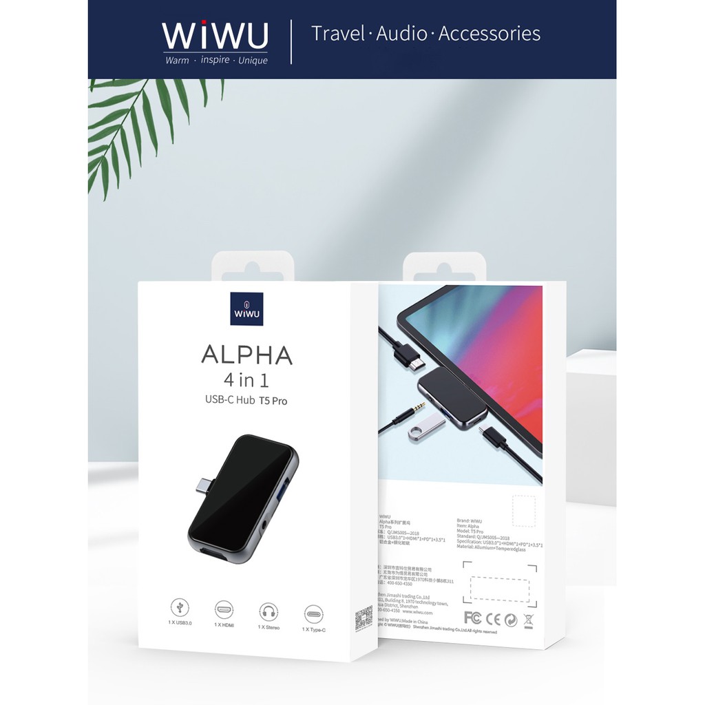 AKN88 - WIWU ALPHA T5 PRO - 4 in 1 USB-C Hub - USB 3.0 - HDMI - 3.5MM - USB-C