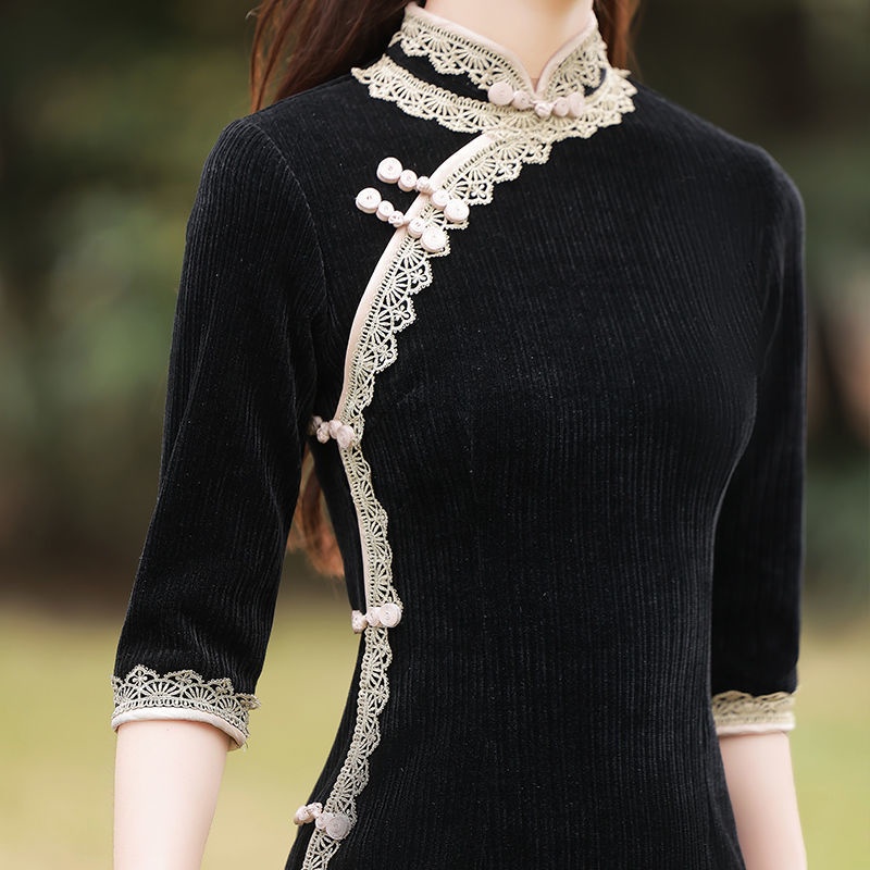 Black cheongsam 2022 new young style spring and summer chenille medium sleeve high-end temperament b