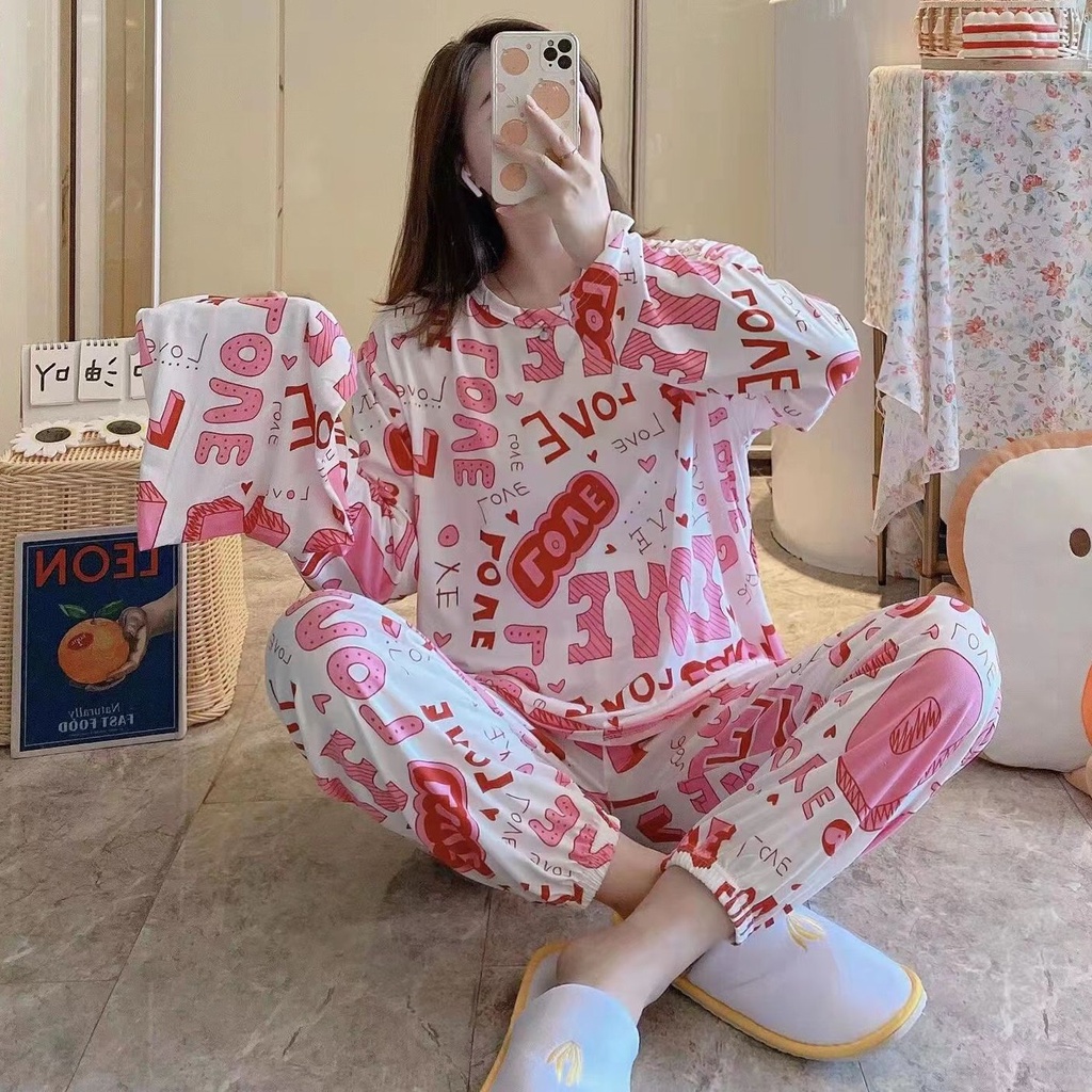 AJW Shop Setelan Wanita Import Joger | Setelan Baju Tidur Wanita | Piyama Wanita-Love Pink