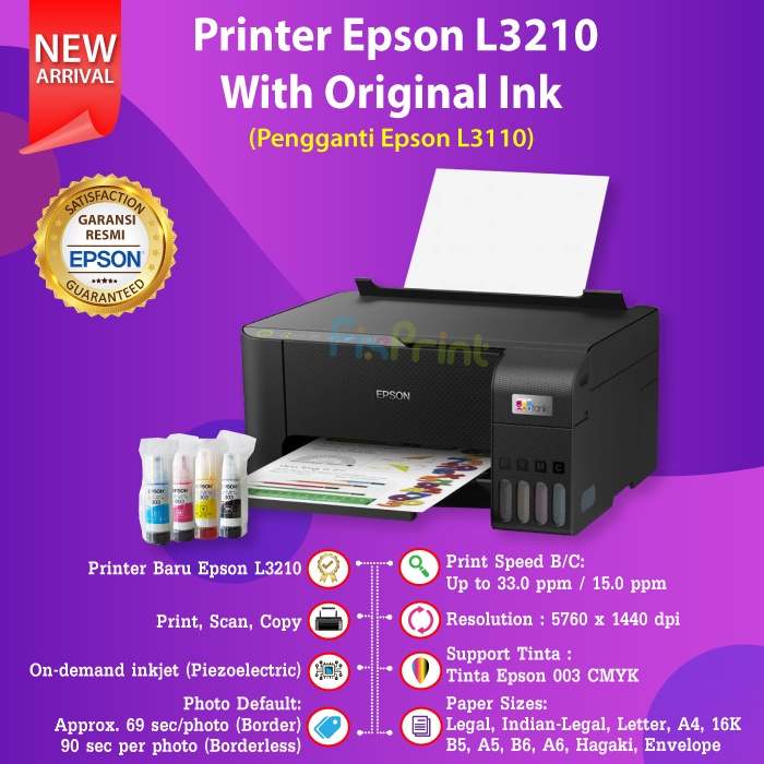 Printer Epson L3210 Print Scan Copy All-in-One Pengganti L3110 Ink 003 Black CMY