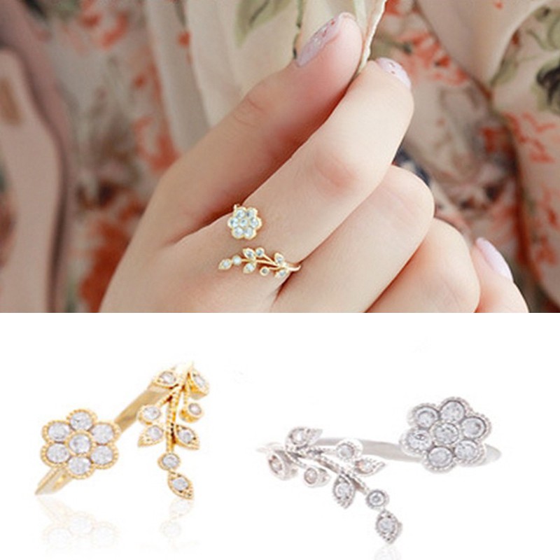 Cincin Korea fashion temperamen berlian memutar daun angan ring pembukaan bunga