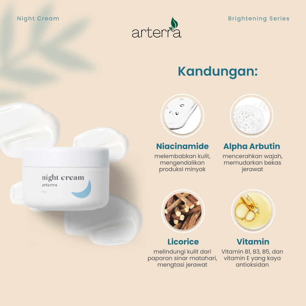 ARTERRA BRIGHTENING NIGHT CREAM ANTI AGING | KRIM MALAM NIACINAMIDE ALPHA ARBUTIN