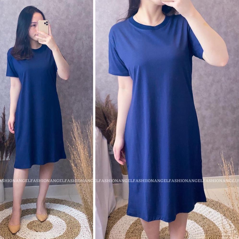Dress Wanita Polos Midi Model Dress Wanita Korea Lengan Pendek Ukuran Selutut