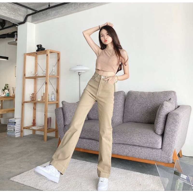 (27-30) PEANUT HW STRETCHY LOOSE JEANS / KHAKI HW STRETCH LOOSE JEANS / CELANA HIGHWAIST LOOSE JEANS WANITA CEWEK
