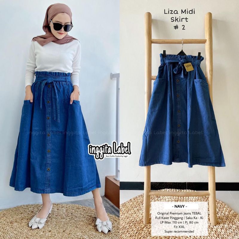 Liza midi skirt #2 rok jeans wanita by inggita label