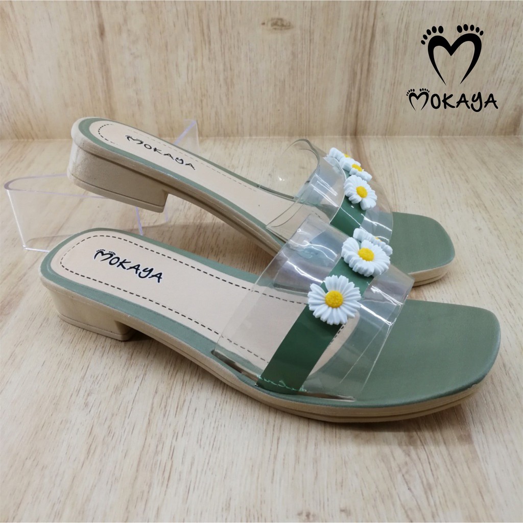 Sandal Slop Wanita hak 2cm Mika Bening 3 Bunga kecil Cantik Import Mokaya / size 36-40 (LLJ-168-2)