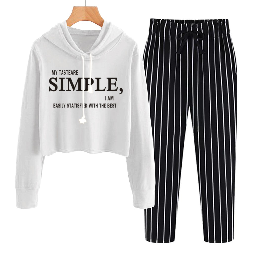 BESS - Baju Setelan Wanita Murah / Setelan Hoodie Crop + Celana Salur Hitam - SIMPLE