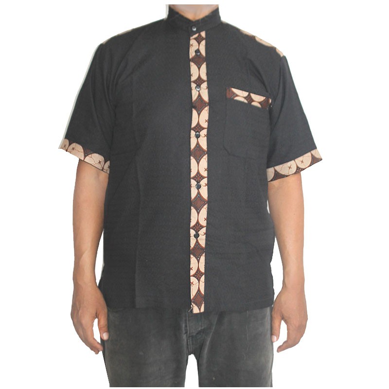 Baju Koko Kombinasi Batik Katun Dobi Hitam Black