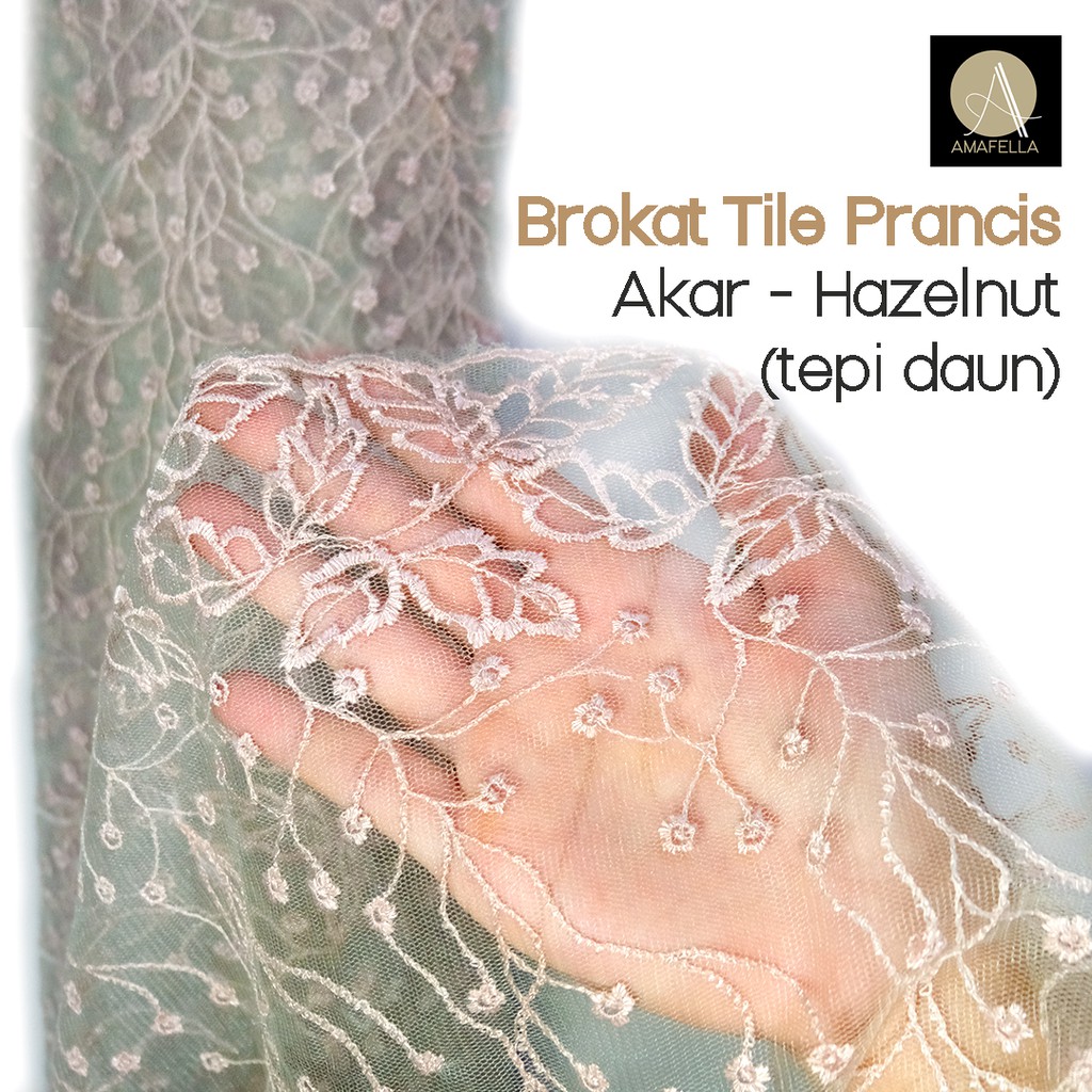 1/2 meter Kain Brokat Brukat Tile Prancis Bahan Kebaya Motif Akar Hazelnut