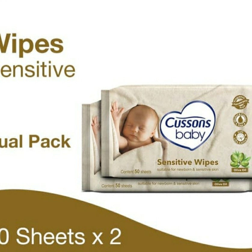 Cussons Baby Wipes Sensitive Tissue Basah 50 Sheet Olive Oil Twin Pack