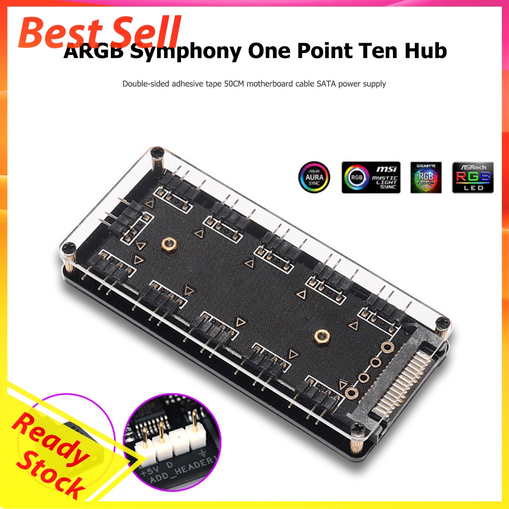 10 Ports RGB Fan HUB PC Desktop SATA Power 5V 3PIN ARGB Extension Splitter