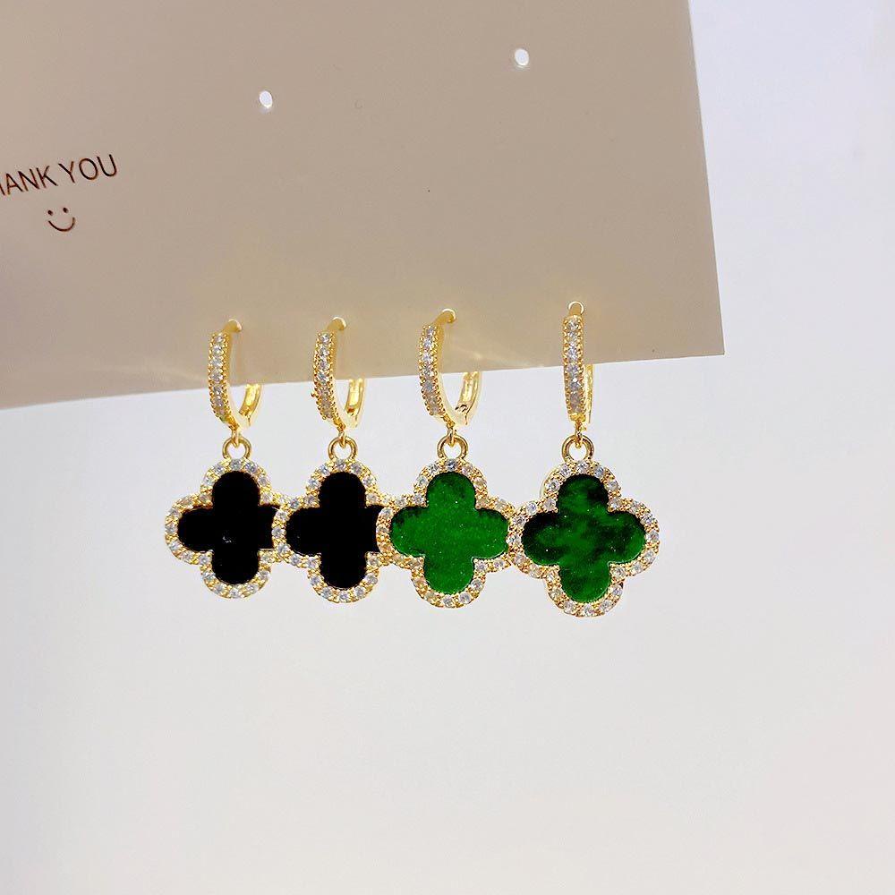 [Elegan] Wanita Anting Hoop Trendi Untuk Perempuan Bunga Tergantung Empat Daun Semanggi Zirkon Kristal Menjuntai Drop Earrings