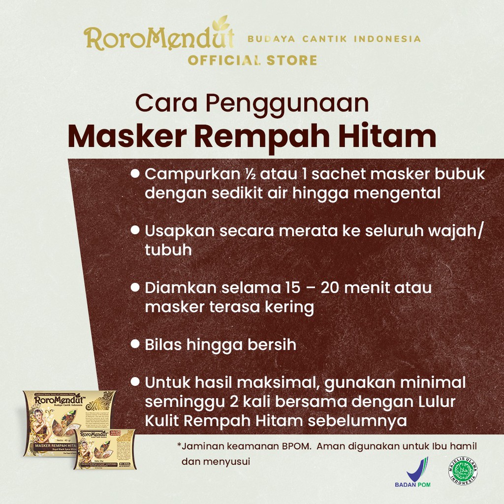 Roro Mendut Masker Rempah Hitam 20 gr Kulit Wajah Organic Putih Bersih Cerah Berminyak Whitening