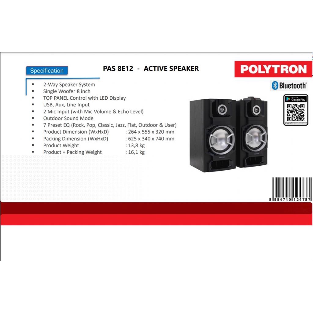 SPEAKER POLYTRON SPEAKER AUDIO PAS 8E12 PAS8E12 USB BLUETOOTH KARAOKE