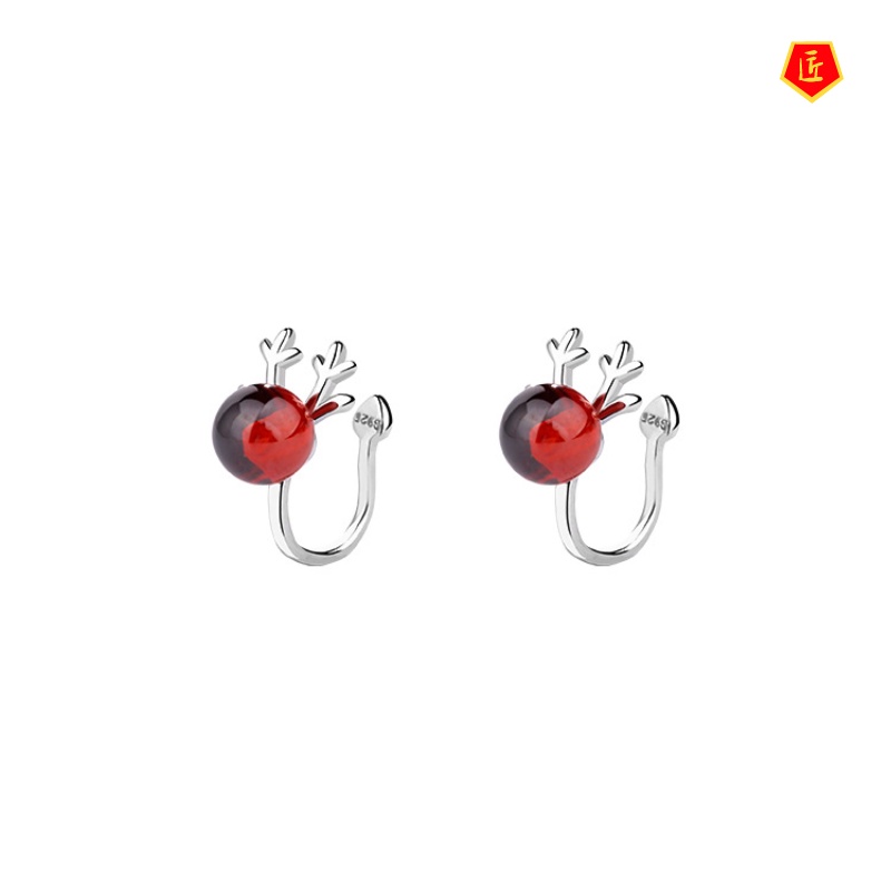 [Ready Stock]Female S925 Silver Red Garnet Antlers Ear Clip
