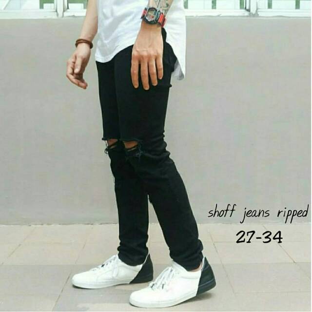 Skinny jeans sobek lutut Original Navel Denim | softjeans sobek hitam