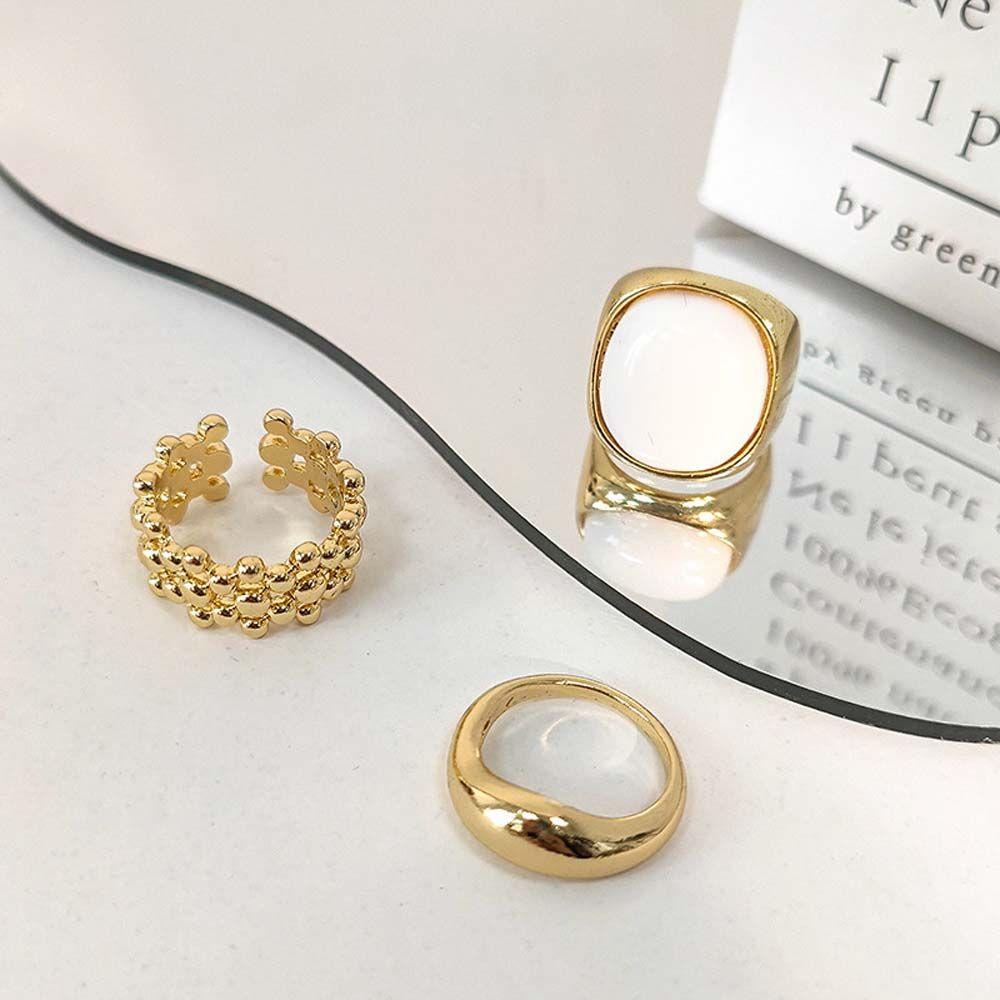 Mxbeauty Cincin Jari Set Perempuan Chic Vintage Permata Putih Bersama Rings Warna Emas Geometris Manik-Manik Logam Terbuka Rings