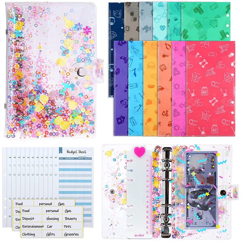 29 Pieces A6 PVC Binder Glitter Cover Sets with 12 Budget Envelopes,Expense Budget Sheet,1PVC Bag, 1 Ruler and 2 Label Sticker