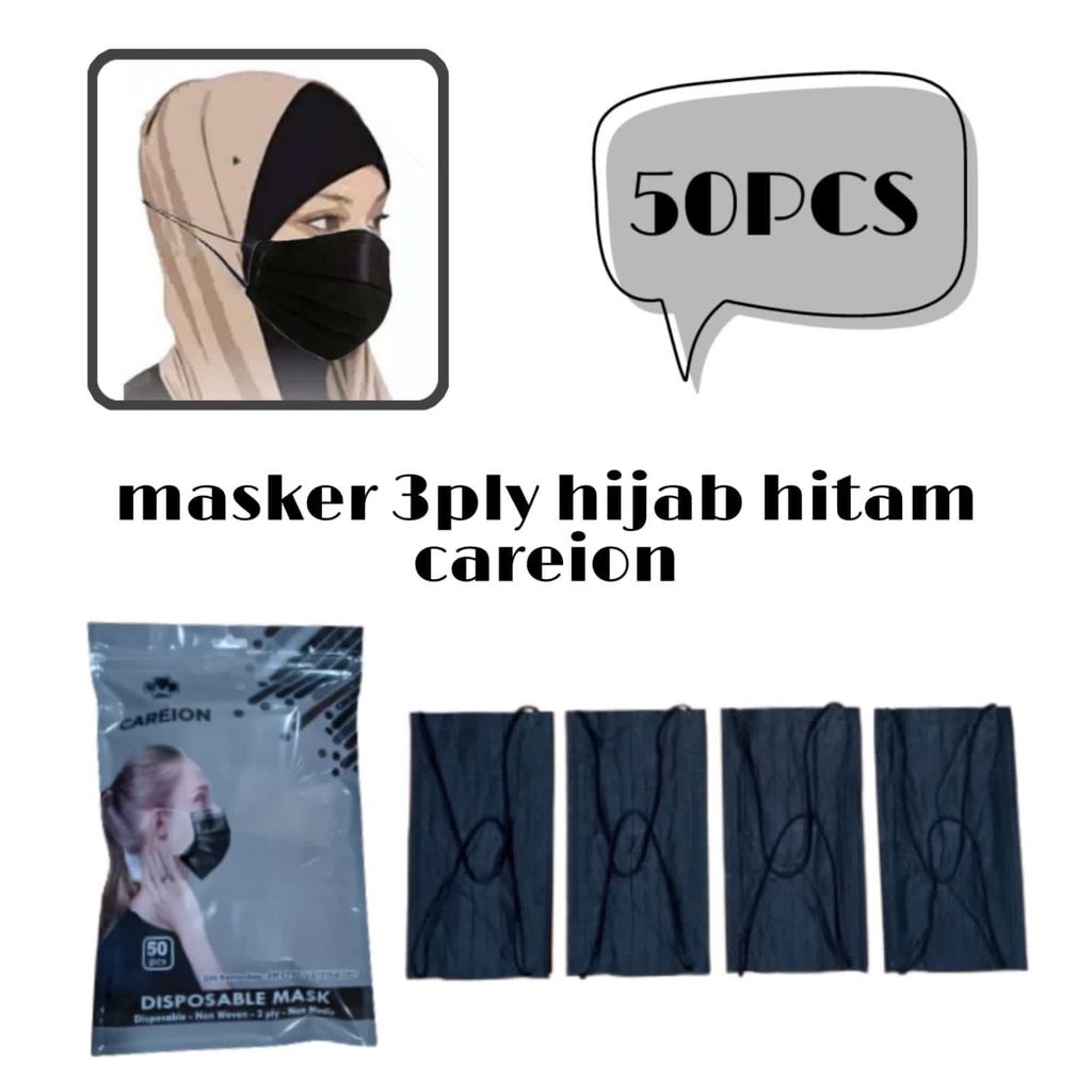 3PLY HIJAB CAREION - MASKER 3PLY HITAM BLACK CAREION EARLOOP HIJAB DISPOSABLE FACE MASK 1 BOX 50 PC