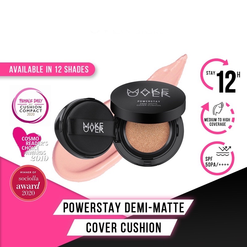 MAKE OVER Powerstay Demi-Matte Cover Cushion - Cushion matte high coverage BEST SELLER ringan oil control make up tahan lama 24 jam non-comedogenic