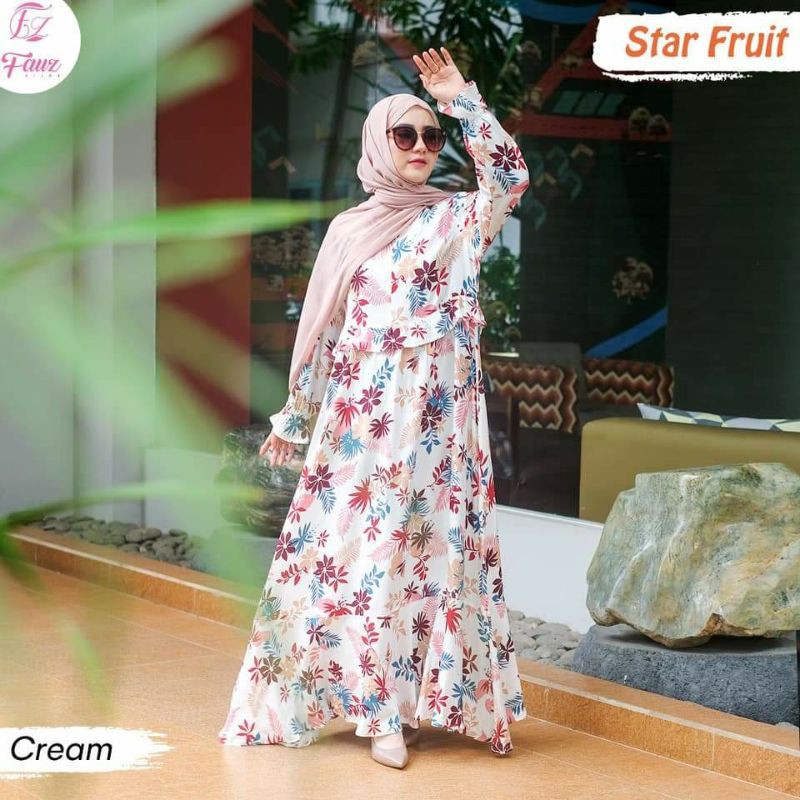 READY STOKSTARFRUIT DRESS CREAM BY FAUZ HIJAB DAILY OUTFIT FAUZ HIJAB DRESS LENGAN PANJANG