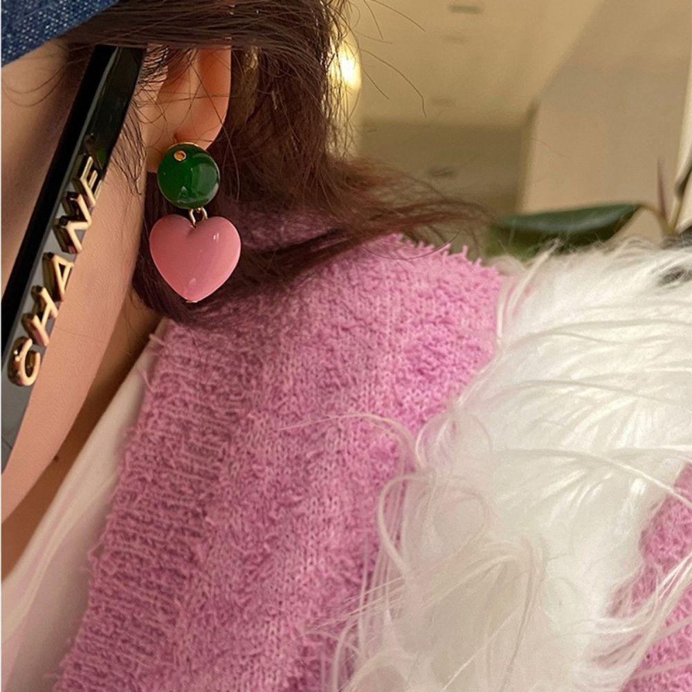 Needway  Sweet Korean Style Necklace Niche Bead Neck Chain Love Heart Earrings Necklace Design Sense Women Jewelry Clavicle Chain Great Gift Fashion Jewelry Girl Pink Heart Earrings