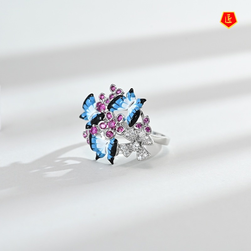 [Ready Stock]Three Butterfly Micro-Inlaid Gem Earrings Enamel Ring Set