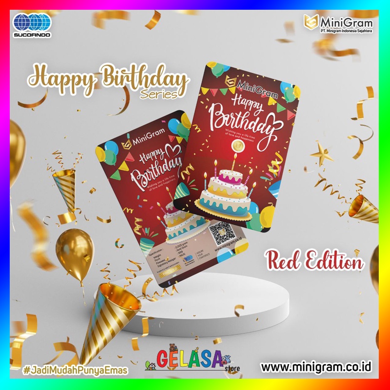 Gelasa Distributor Agen Resmi MINIGRAM Birthday Series Logam Mulia Emas Murni 24k Sertifikat Resmi (Red 0.005)