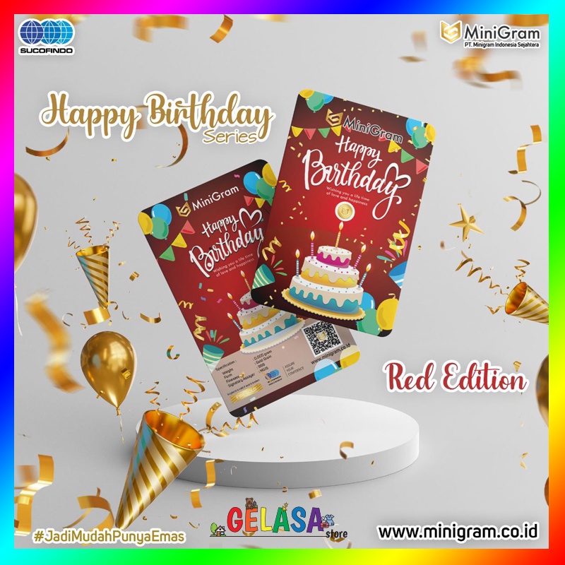 Gelasa Distributor Agen Resmi MINIGRAM Birthday Series Logam Mulia Emas Murni 24k Sertifikat Resmi (Red 0.1)