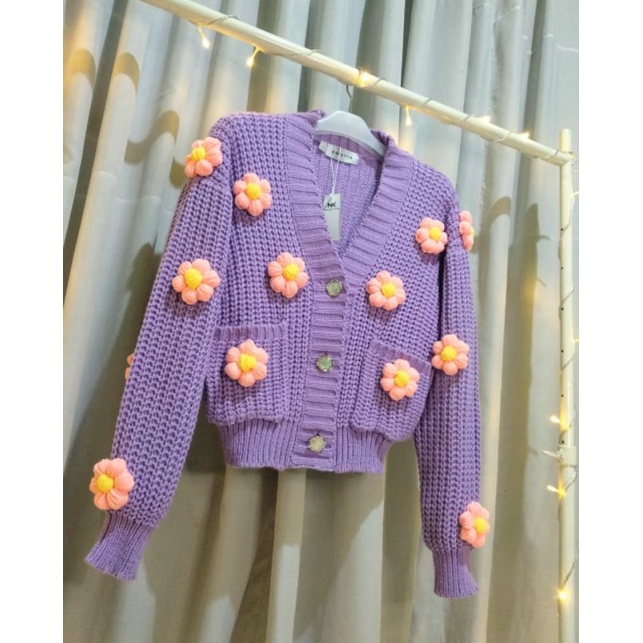 Request Khusus Bunga Kecil 17 Bunga Puffy Cloud Bloom Strawberry Chunky Daisy Cardigan Sweater Cardi