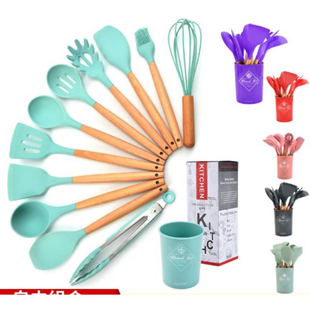 SIlicone Utensil Set BPA Free Import 13Pcs Spatula Silicone + Wadah + Alas Sendok