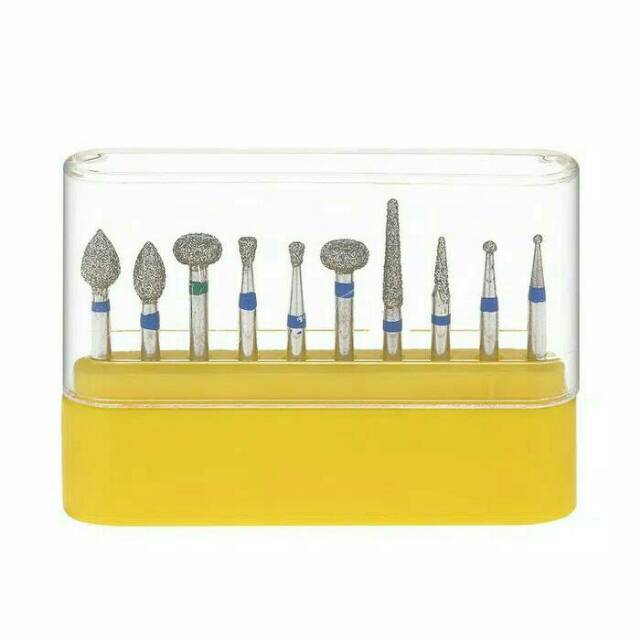 Dental burs set diamond bur highspeed 10pcs bur preparasi gigi biru silindris bulat flame wheel bur round fissure fisur