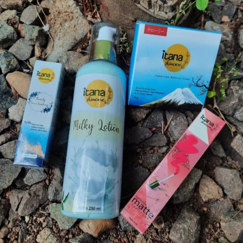 PAKET HEMAT SKINCARE BY ITANA / SABUN ITANA GLOWING SOAP / ITANA MILKY LOTION / LIPCREAM ITANA / SER