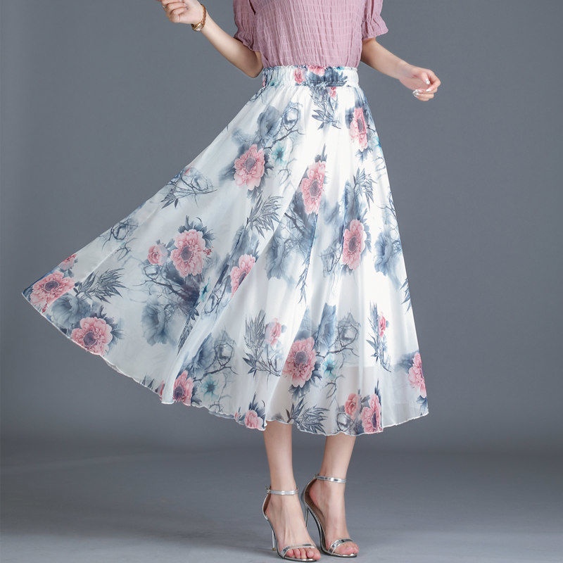 slim-fit  sifon bunga rok panjang rok pinggang tinggi A- line rok rok casual