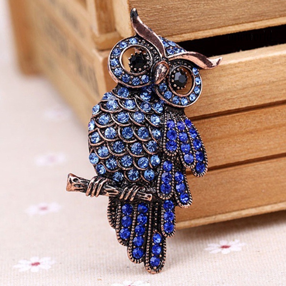 OW@ Unisex Retro Cartoon Owl Inlaid Rhinestone Hollow Brooch Pin Clothing Accessory