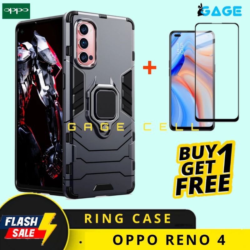 FREE TEMPERED GLASS FULL LAYAR OPPO RENO 4 HARD CASE HARDCASE ROBOT RING STAND OPPO RENO4 BACK COVER
