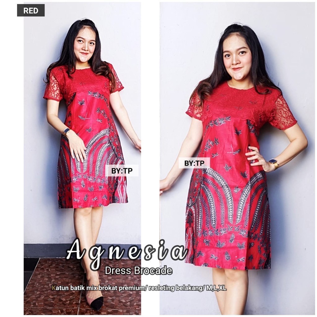 Agnesia Dress Brocade Brokat Batik Brukat Broklat Warna Midi Pesta Kondangan Baru Cantik Seragam