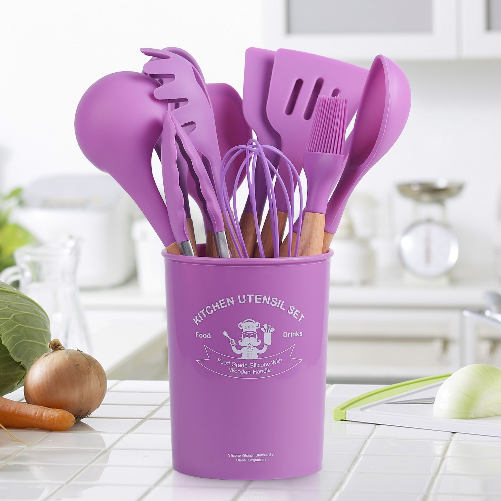 Premium Silicone Utensil Set isi 12 (include Bucket) / Kitchen Silicon spatula - sutil - alat masak