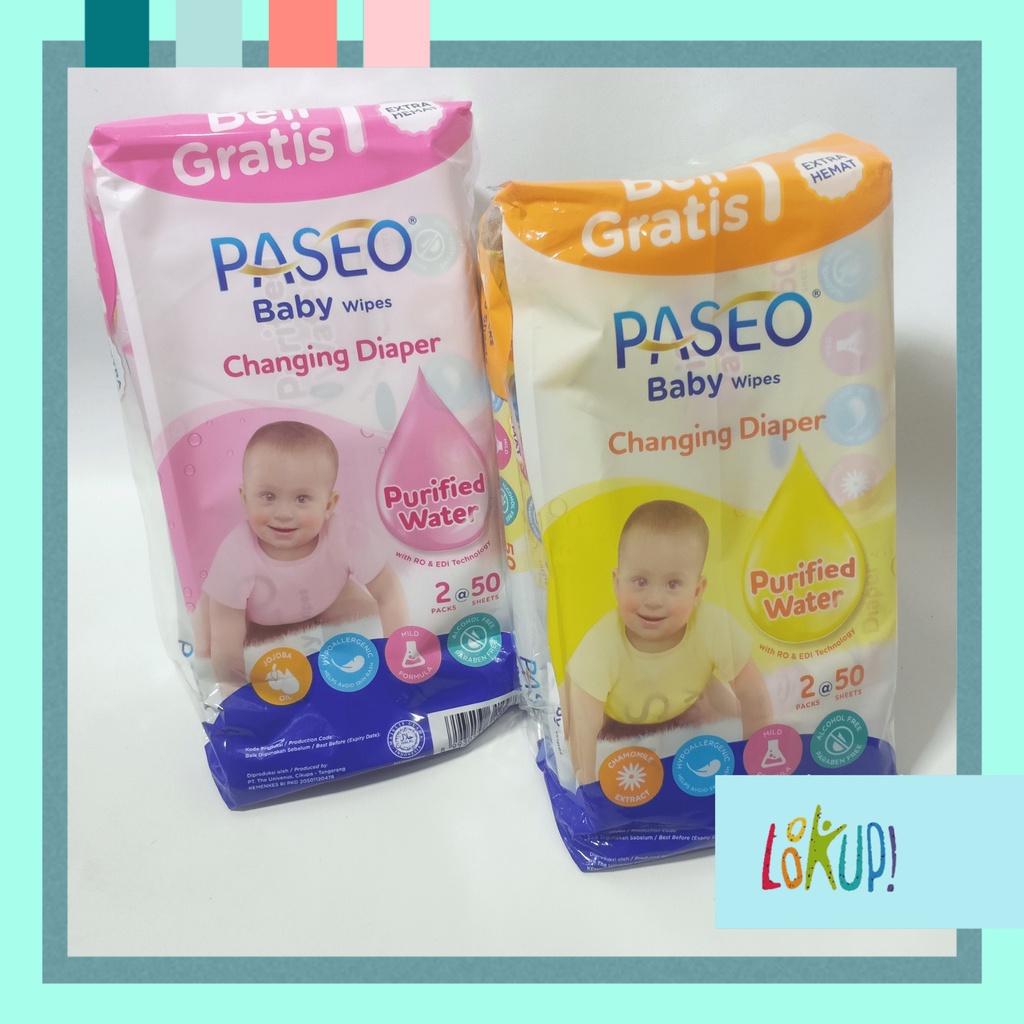 paseo baby wipes   tissue basah baby 50 sheets x 2 packs   tisu basah changing diapers