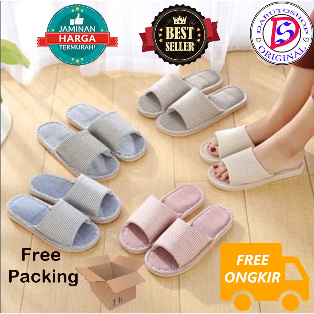 Sandal Kamar Rumah Anti Slip Sandal Garis Comfy Modis Empuk Sandal Rumahan