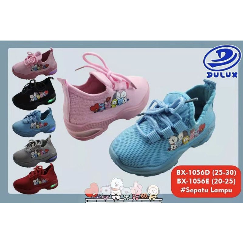 SEPATU KETS LAMPU ANAK PEREMPUAN BTS BT21 DULUX 1056D  BAHAN KARET KAIN SEPATU TALI UKURAN 26-30