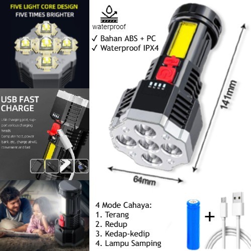 Senter 5LED Super Terang Jarak Jauh + P900 COB Emergency/Camping light - Senter 5 Mata