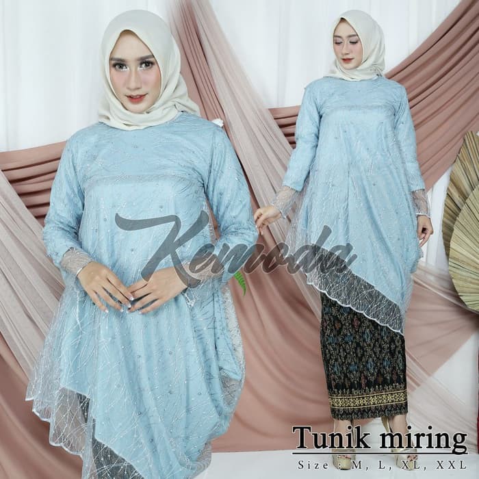 Stelan kebaya tebaru tunik miring tulle mutiara warna biru tosca