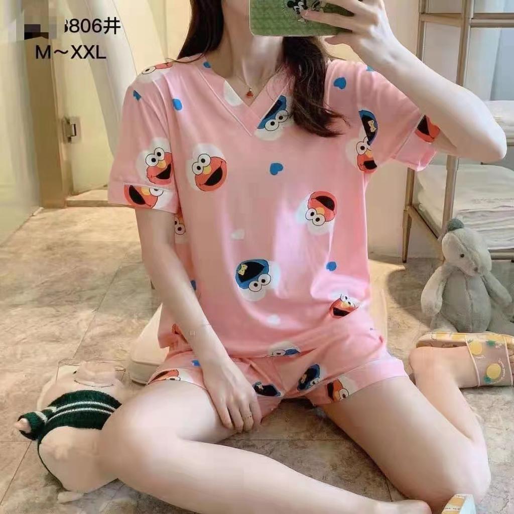 Korea Set Setelan Baju Tidur Piyama Wanita Lengan Pendek Motif Karakter Import