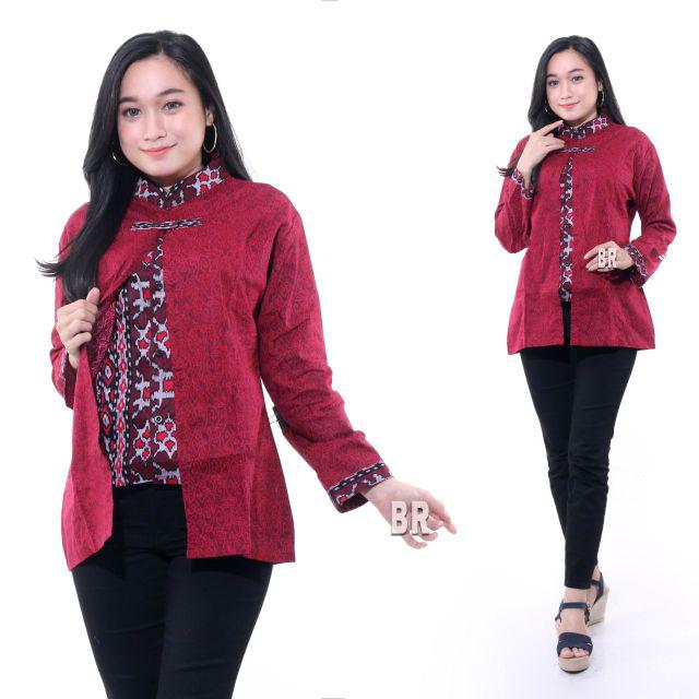 Batik Couple keluarga Maura Couple Sania Ruffle Ori Ndoro Jowi dnt Termurah motif mega mendung merah-BLUSE KANCING