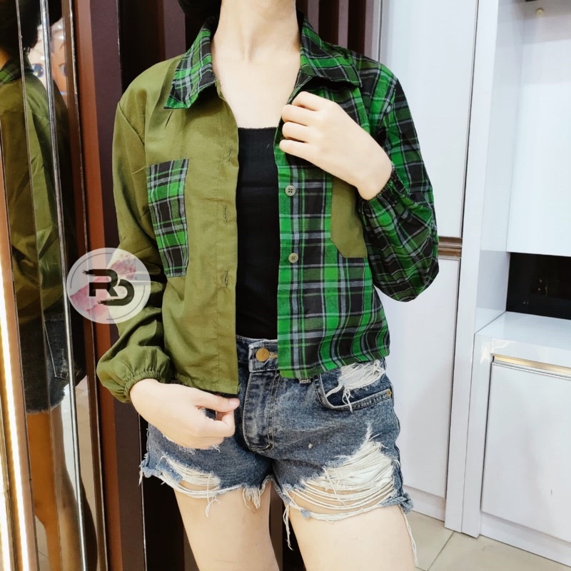 RD FASHION Mika Crop Top / KEMEJA CROP / kemeja TWO TONE / TARTAN KEMEJA CROP / TARTAN CROP-HIJAU