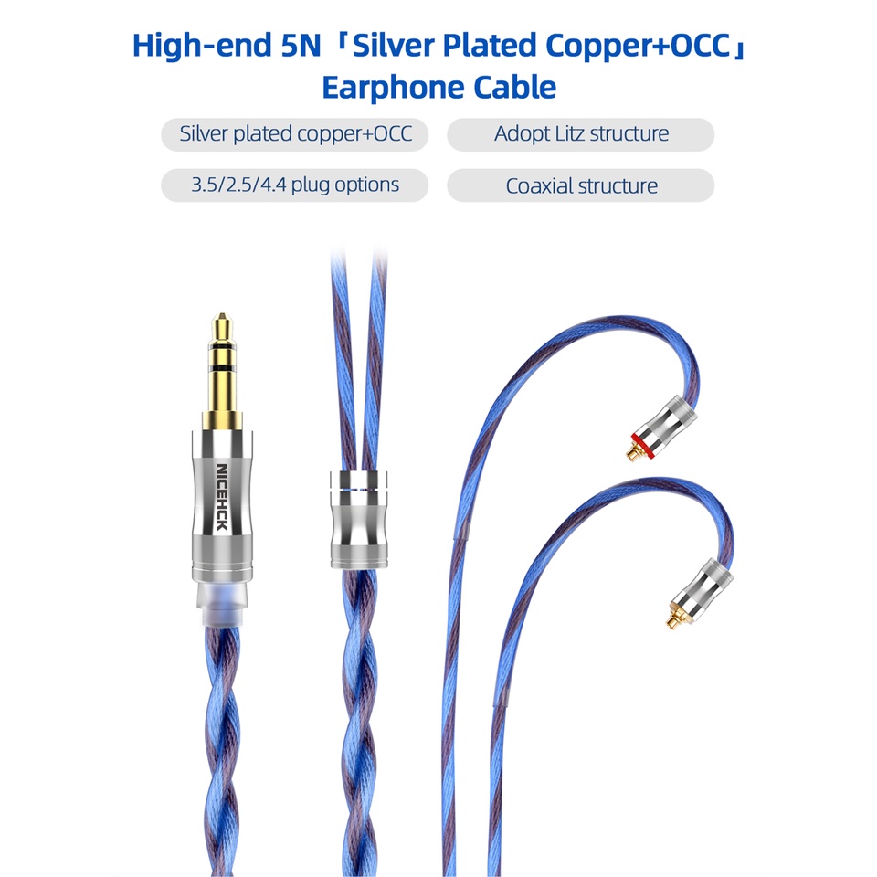 Nicehck Blueisland 5n Litz Occ Kabel Earphone Lapis Silver 3.5 / 2.5 / 4.4mm Mmcx / Qdc / 2pin