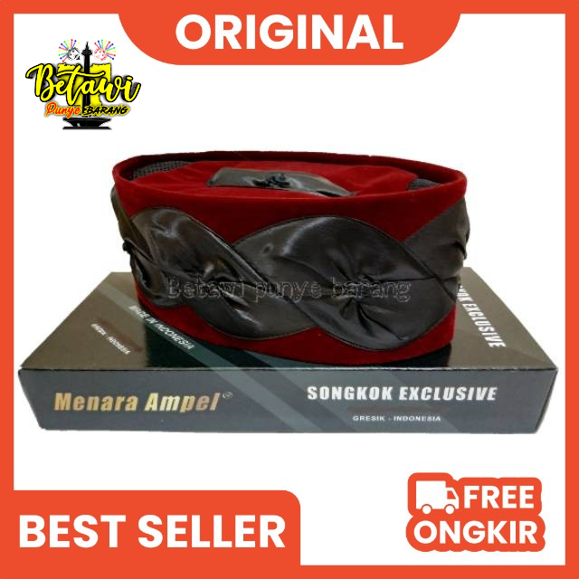Peci Kopiah Songkok Kembang Kol Betawi Merah Motif Kembang Hitam
