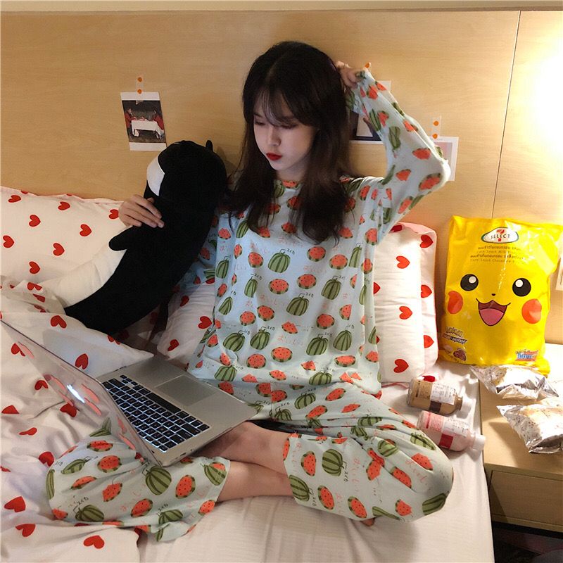 Blackpink Baju Tidur Set Baju + Celana Setelan Piyama Wanita Lengan Panjang Motif Kartun 4018