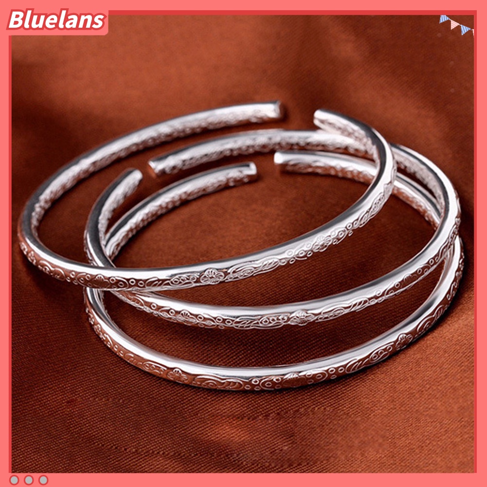 Bluelans Women Fashion Silver Plated Flower Engraved Open Bangle Bracelet Jewelry Gift